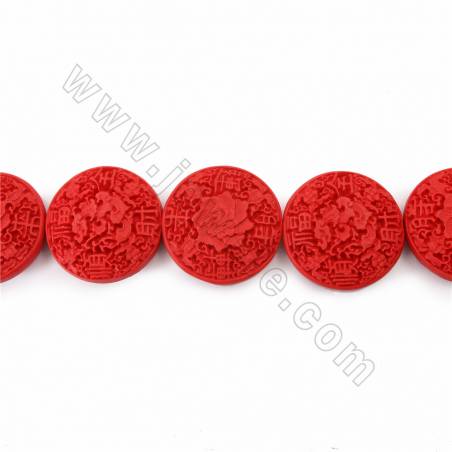 辰砂彫り花模様ビーズ連、平丸、赤、サイズ54x16mm、穴1mm、7ビーズ/一連
