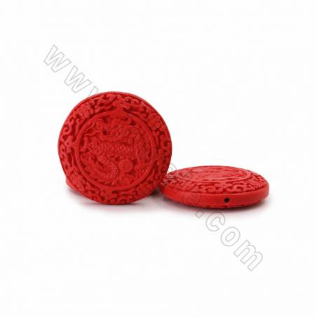 Cinnabar Carved Dragon Pattern Beads Strands, Flat Round, Red, Size 48x11mm, Hole 1mm, 9beads/strand
