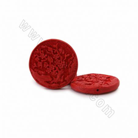 Conta Moeda Cinábrio com Flor de ameixa esculpida (vermelho) com 50x9mm, 1mm de furo - 8 contas/cordão