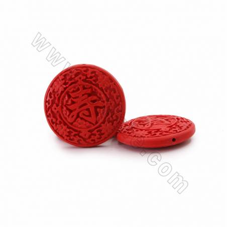 Cinnabar Carved Chinese Character “寿” Beads Strands, Flat Round, Red, Size 47x11mm, Hole 1mm, 9beads/strand