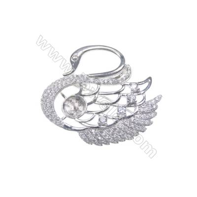 925 sterling silver platinum plated zircon brooches, Swan, 41x37mm, x 2pcs, tray 10mm, pin 0.7mm