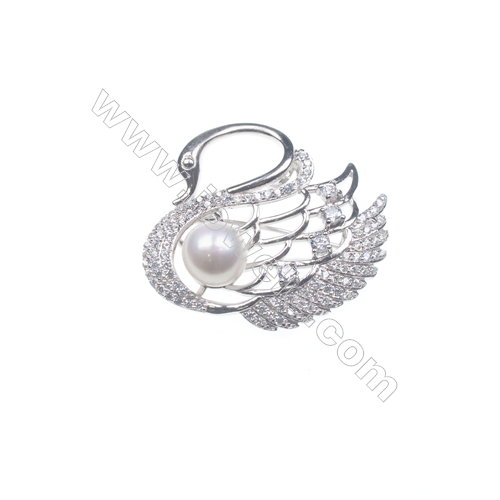 925 sterling silver platinum plated zircon  brooches  Swan  41x37mm x 2pcs  tray 10mm  pin 0.7mm