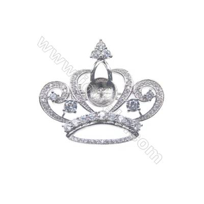 925 Sterling silver platinum plated CZ crown brooch, 33x37mm, x 5pcs, tray 10mm, needle 0.7mm