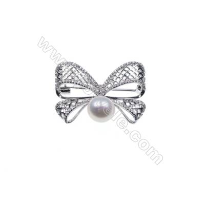 925 Sterling silver platinum plated zircon brooches  butterfly  36x23mm x 5pcs  tray 8mm  pin 0.6mm