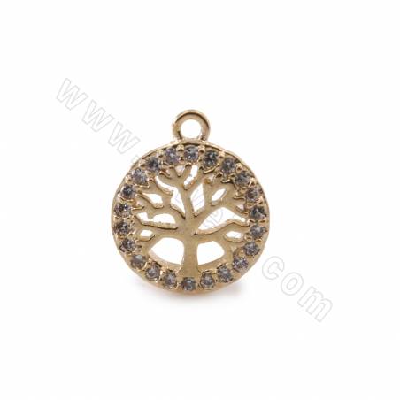 銅製品鑲鋯石 小飾品吊墜 幸運樹圓形 銅鍍真金 尺寸9.6毫米孔徑1.2毫米 10個/包