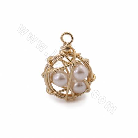 Brass Warped Pendant Charms With Plastic Beads Real Gold Plated Diameter 14mm Hole 2mm 10pcs/Pack