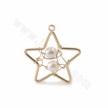 Brass Star Pendant Charms With Plastic Beads Real Gold Plated Size 19x20mm Hole 1.5mm 10pcs/Pack