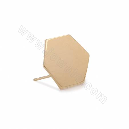 Brass Stud Earring Findings Hexagon Real Gold Plated Size 16x18.5mm Pin 0.7mm Hole 2.4mm 20pcs/Pack