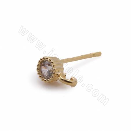 銅製品鑲鋯石 耳釘配件 圓形 銅鍍真金 尺寸4x7毫米針粗0.7毫米孔徑1.5毫米 20個/包