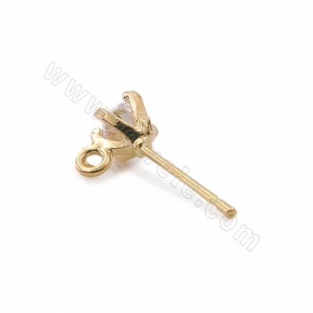 Brass Micro Pave CZ Stud Earring Findings Real Gold Plated Size 7.5x5mm Pin 0.8mm Hole 1.1mm 20pcs/Pack