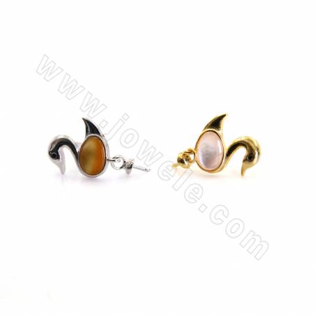 boucles d'oreilles en argent 925, pour perles semi-percées, cygne avec coquillage, taille 19x10mm, tige 0.7mm, plateau 3.3mm, 4p
