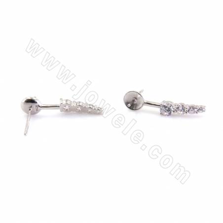 CZ 925 Sterling Silver Stud Earring Findings, For Half-drilled Beads, Size 22x5mm, Pin 0.7mm, Tray 5.5mm, 4pcs/pack