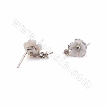 CZ 925 Sterling Silver Stud Earring Findings, For Half-Drilled Beads, Flower, Size 14x8mm, Pin 0.6mm, Tray 3.3mm, 4pcs/pack