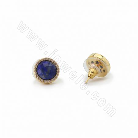 Natural Faceted Lapis Lazuli  Stud Earrings, With Brass Micro Pave Cubic Zirconia Findings, Size 11mm, Pin 0.7mm, 2pcs/pack