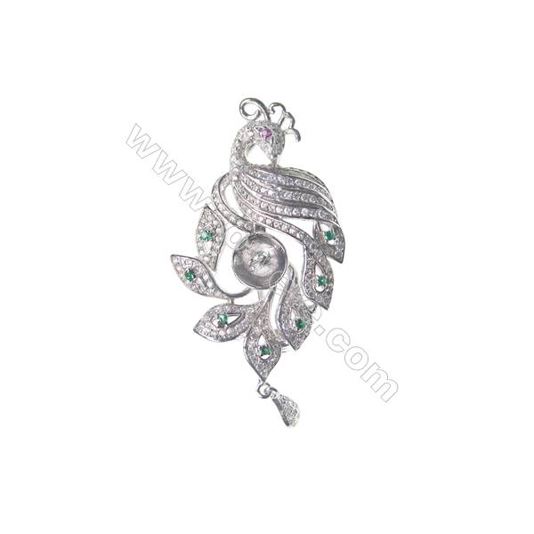 925 Sterling silver  zircon brooch platinum plated, 24x38mm, x 5pcs, tray 7mm, needle 0.9mm