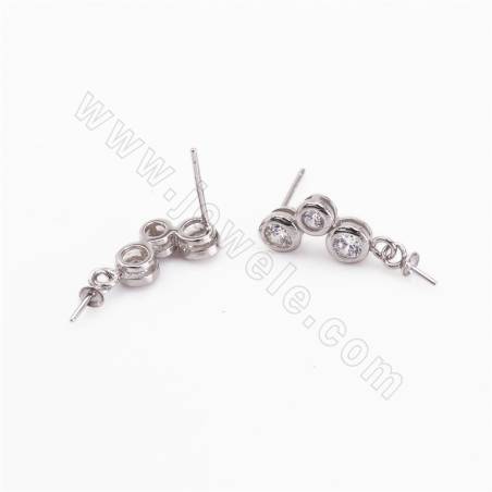 CZ 925 Sterling Silver Stud Earring Findings, for Half-drilled Beads, Size 21x8mm, Pin 0.5mm, Tray 3.2mm, 4pcs/pack