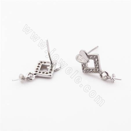 CZ 925 Sterling Silver Stud Earring Findings, for Half-drilled Beads, Size 17x8mm, Pin 0.5mm, Tray 3mm, 6pcs/pack