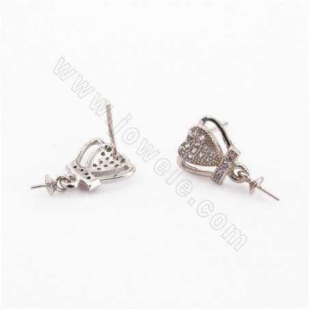 CZ 925 Sterling Silver Stud Earring Findings, for Half-drilled Beads, Crown, Size 16x9mm, Pin 0.4mm, Tray 3mm, 4pcs/pack