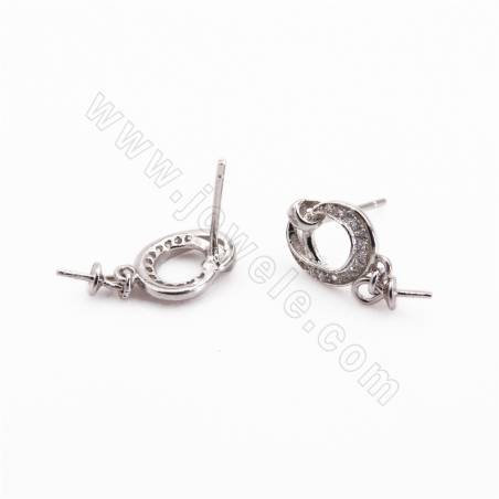 CZ 925 Sterling Silver Stud Earring Findings, for Half-drilled Beads, Size 19x8mm, Pin 0.5mm, Tray 3.3mm, 4pcs/pack