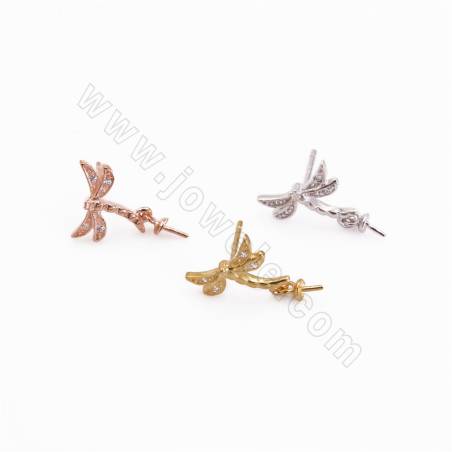 CZ 925 Sterling Silver Dangle Earring Findings, for Half-drilled Beads, Dragonfly, Size 15x11mm, Pin 0.5mm, Tray 3mm, 6pcs/pack
