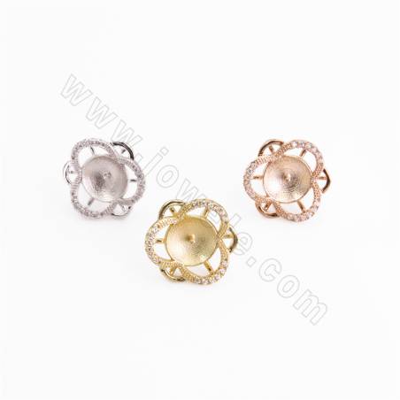 CZ 925 Sterling Silver Stud Earring Findings, for Half-Drilled Beads, Flower, Size 15x15mm, Pin 0.8mm, Tray 9mm, 2pcs/pack