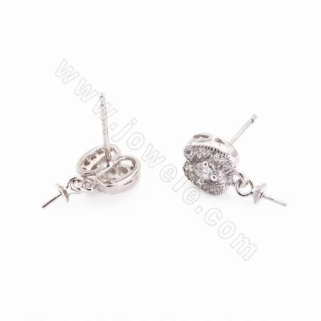 CZ 925 Sterling Silver Dangle Earring Findings, for Half-drilled Beads, Size 14x8mm, Pin 0.4mm, Tray 3.3mm, 4pcs/pack