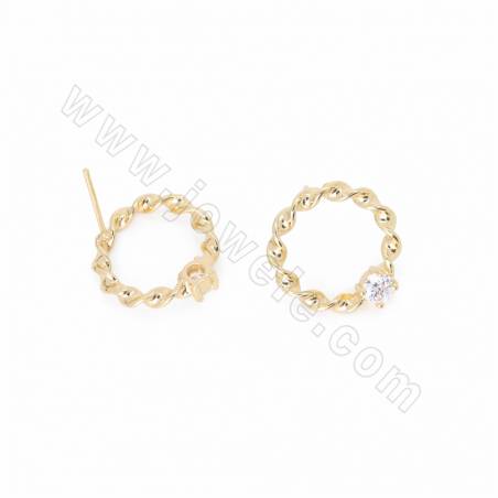Brass CZ Stud Earrings Gold Plated Twisted Circle Size 16x18mm Thickness 3mm Pin 0.7mm 10pcs/Pack
