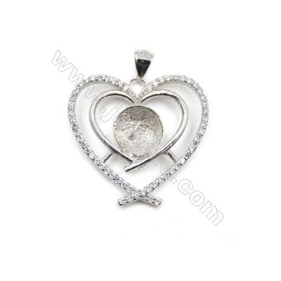 Sterling silver 925 platinum plated CZ heart-shaped pendant, 22x23 mm, x10 pcs, tray 9mm, needle 0.7mm