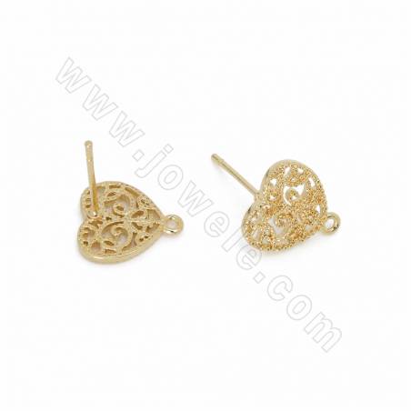 Brass Heart Shape Stud Earring Findings Gold Plated Size 10x11mm Pin 0.6mm Hole 0.7mm 30pcs/Pack