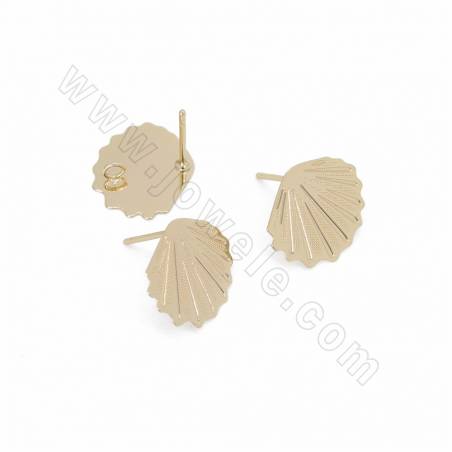 Brass Stud Earring Findings Sea Shell Shape Real Gold Plated Size 13x15mm Pin 0.7mm Hole 2mm 20pcs/Pack