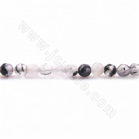 Fili di perle di quarzo rutilato nero naturale, rotondo sfaccettato, dimensioni 4mm, foro 0,9mm, 15~16"/filo