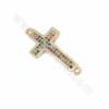Brass Gold Plated Cross Charms Connector Cubic Zirconia Micro Pave Size 26x13mm Hole 1.5mm 6pcs/Pack