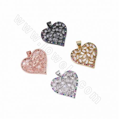 Ciondoli in ottone CZ, micro pave di zirconia cubica, cuore, dimensioni 26x24 mm, foro 4x3,5 mm, 4 pezzi/confezione