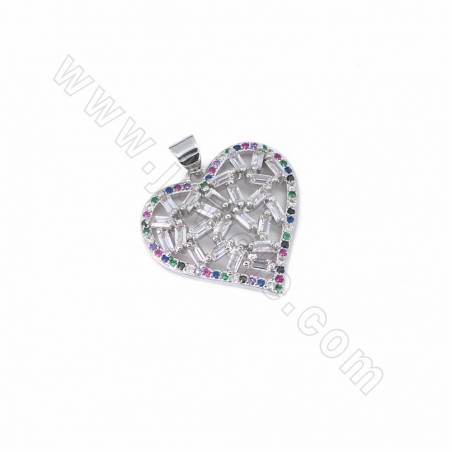 Brass Heart Shape Pendant Cubic Zirconia Micro Pave Size 26x24mm Hole 4x3.5mm 4pcs/Pack