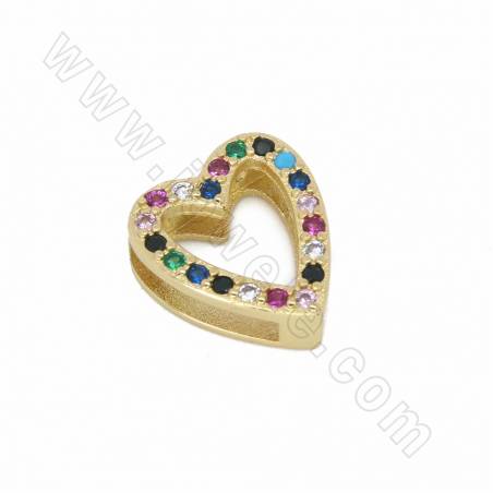 Brass Heart Shape  Slide Charms Micro Pave Cubic Zirconia Size 14x13mm Hole 11x2mm 8pcs/Pack