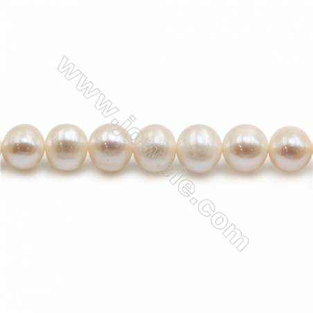 Perles de culture naturelles  perles d'eau douce ovale  blanche sur fil  8~9mm  trou 0.7mm x1 fil 15~16"