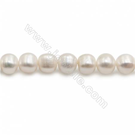 Perles de culture naturelles  perles d'eau douce ovale  blanche sur fil  9~10mm  trou 0.8mm x1 fil 15~16"