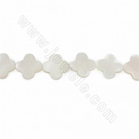 Perles de nacre blanche en forme de fleur à quatre feuilles, Diamètre 18mm, Trou 0.7mm, 22 perles/rang 15~16"