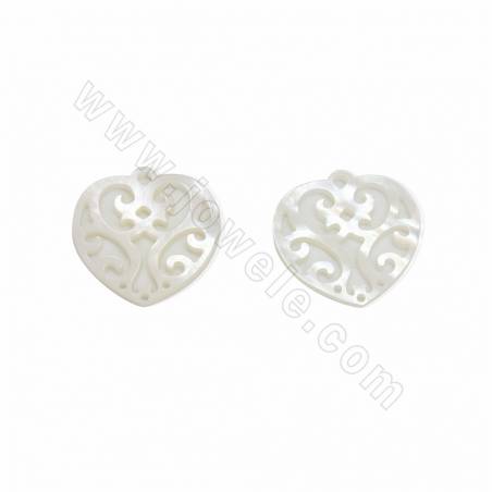 Coquille de nacre creuse blanche en forme de coeur, 19x20mm, trou 1.8mm, 4 pcs/pack