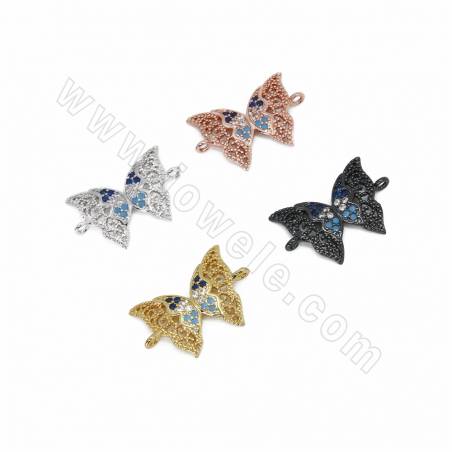 Maglie in ottone con zirconi micropave, farfalla, dimensioni 14x21 mm, foro 1,5 mm, 8 pezzi/confezione