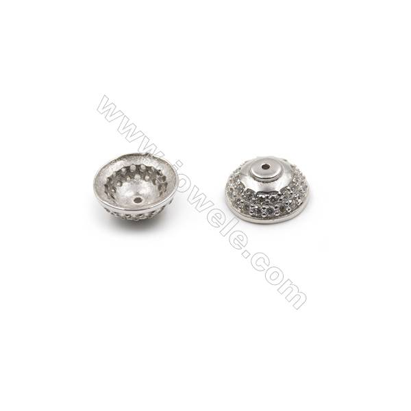 Fashion design 925 sterling silver platinum plated beads cap with zircon micro pave, 11mm, x 5 pcs