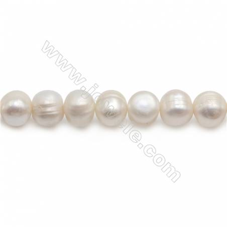 Perles de culture naturelles  perles d'eau douce ronde  blanche sur fil  9~10mm  trou 0.8mm x1 fil 15~16"