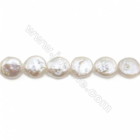 Fresh Water White Pearl Beads Strand  Flat Round  Diameter 13.5~14.5mm  Hole 0.8mm  15~16" x 1strand
