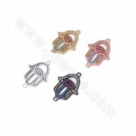 Brass Micro Pave Cubic Zirconia Charms Connector Hamsa Hand With Evil Eye Size 25x18mm Hole 1.5mm 6pcs/Pack