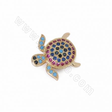 Brass Micro Pave Cubic Zirconia Sea Turtle Slide Charms Size 16x16mm Hole 10x2mm Gold/White Gold Plated 6pcs/Pack
