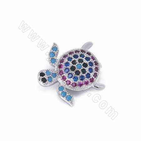 Brass Micro Pave Cubic Zirconia Sea Turtle Slide Charms Size 16x16mm Hole 10x2mm Gold/White Gold Plated 6pcs/Pack