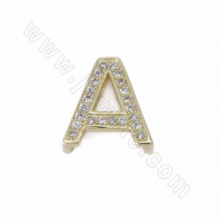 Brass Micro Pave Cubic Zirconia Slide Charms 26 Letters Gold Plated Size 13x5~11mm Hole 9.5x2mm 10pcs/Pack