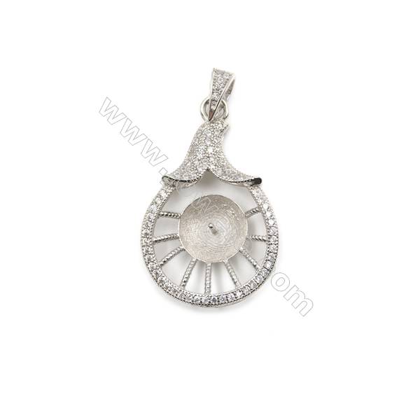 CZ inlaid sterling silver platinum plated pendant, 19x29mm, x 5 pcs, tray 9mm, needle 0.7mm