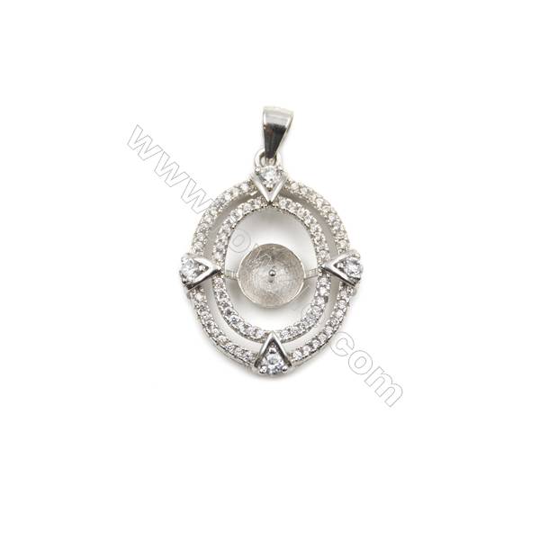 Zircon inlaid 925 sterling silver platinum plated pendants, 20x26mm, x 5 pcs, tray 7mm, pin 0.7mm