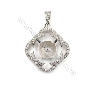 CZ inlaid 925 sterling silver platinum plated pendant, 23 mm, x 5pcs, tray 9 mm, needle 0.6 mm